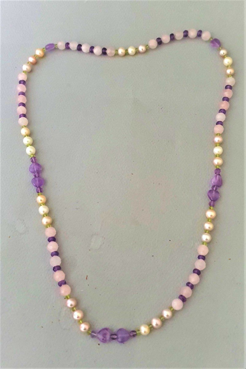 COLLIER DEMI SAUTOIR DE PERLES DE CULTURE - d'AMETHYSTES et de QUARTZ ROSE-photo-1
