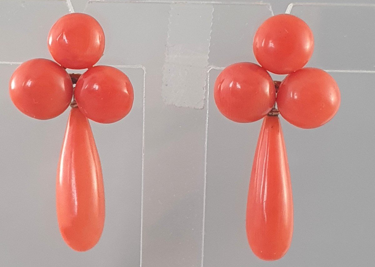 BOUCLES d'OREILLES CORAIL MEDITERRANEEN en 2 PARTIES avec POIRE PENDANTE-photo-3