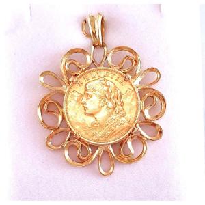 PENDENTIF ANCIEN PIECE d'OR 20 F SUISSE dans UNE MONTURE EN OR 750°/°°