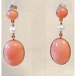Gold Dangel Earrings With Coral Cabochons, Angel Skin Color