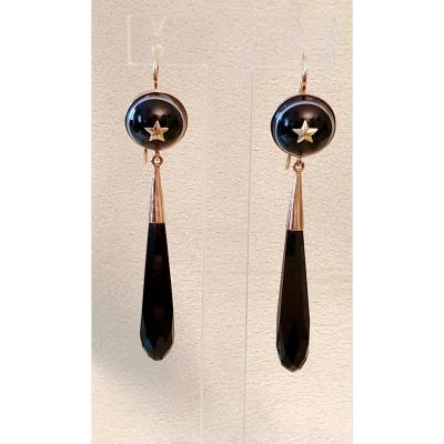 BOUCLES d'OREILLES  ANCIENNES ONYX et AGATES OEILLEES