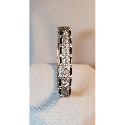 BRACELET JONC ARTICULE OR BLANC  DIAMANTS  et EMAIL NOIR