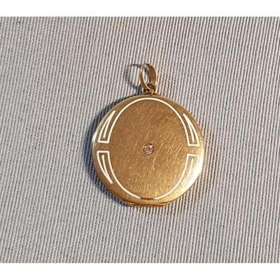 PENDENTIF OR JAUNE 585°/°°  EMAILLE  ROND OUVRANT avec ROSE de DIAMANT - ART NOUVEAU