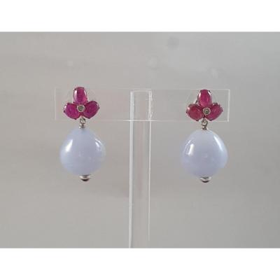 BOUCLES d'OREILLES en OR - BOULE de CALCEDOINE & RUBIS