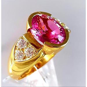 BAGUE JONC  OR JAUNE TOURMALINE ROSE & DIAMANTS BRILLANTES