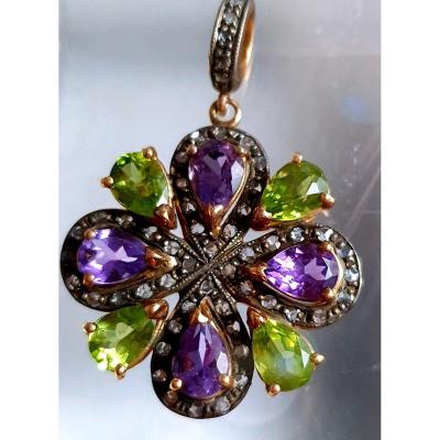 PENDENTIF or et argent avec AMETHYSTE - PERIDOT et DIAMANTS TAILLES en 