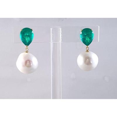 BOUCLES D'OREILLES  PERLE RONDE et  POIRE QUARTZ VERT