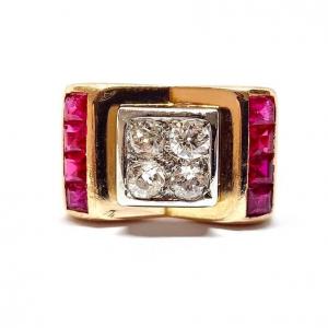 Bague Tank (1936-1950) Or Jaune 18 Carats Diamants Rubis