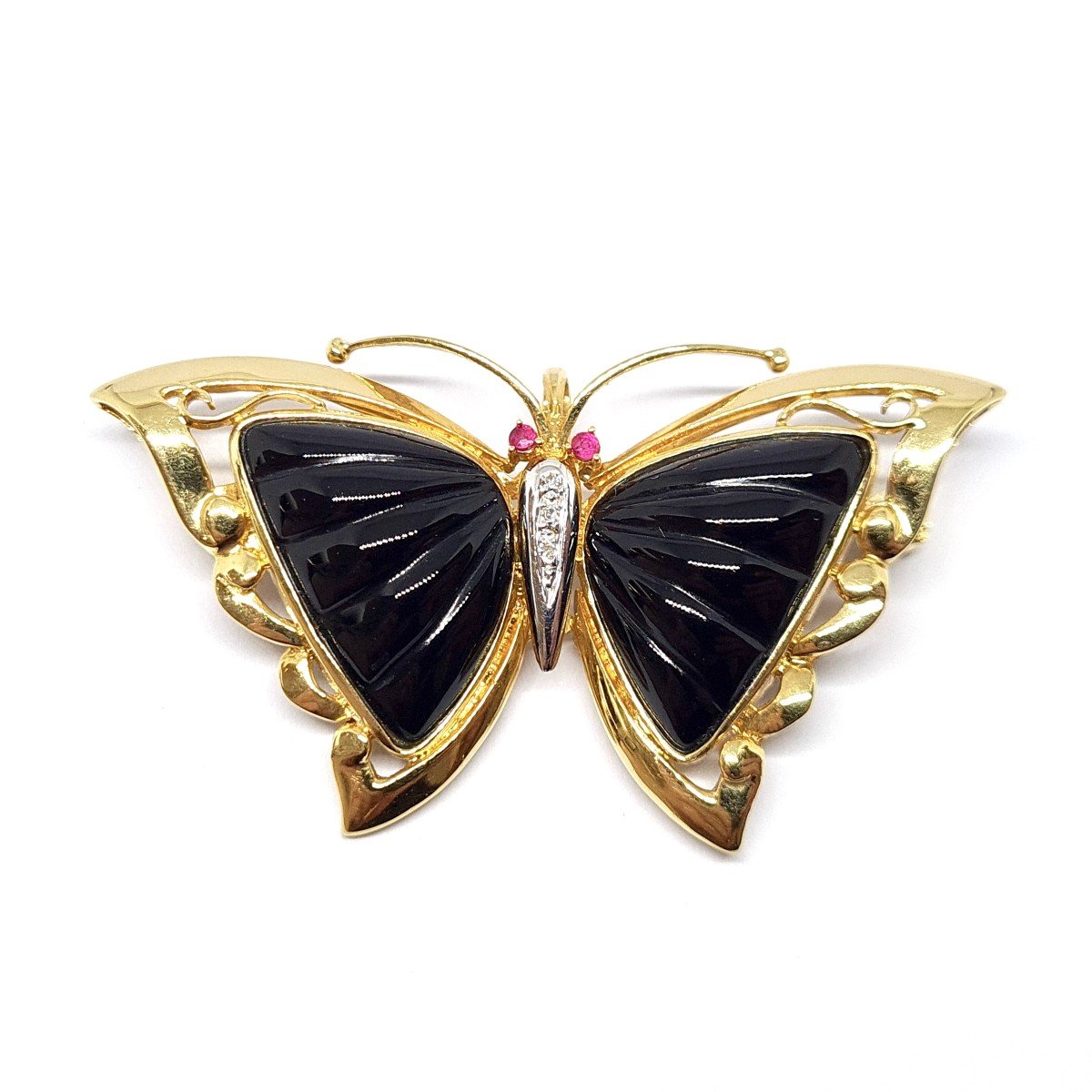 Brooch Pendant Butterfly Ruby Diamonds Onyx 18 Carats Yellow Gold