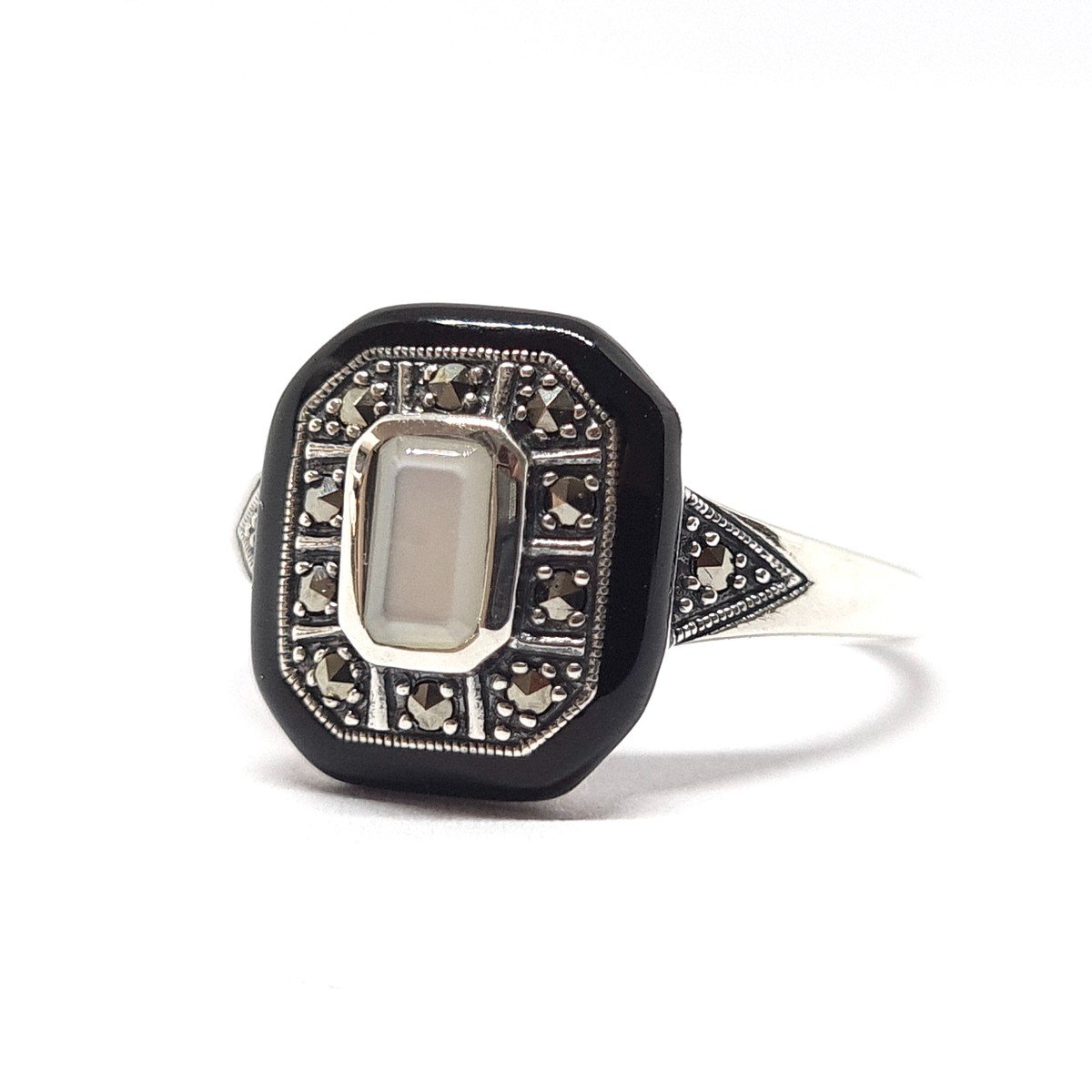 Mother-of-pearl Onyx Ring 925/1000 Silver-photo-2