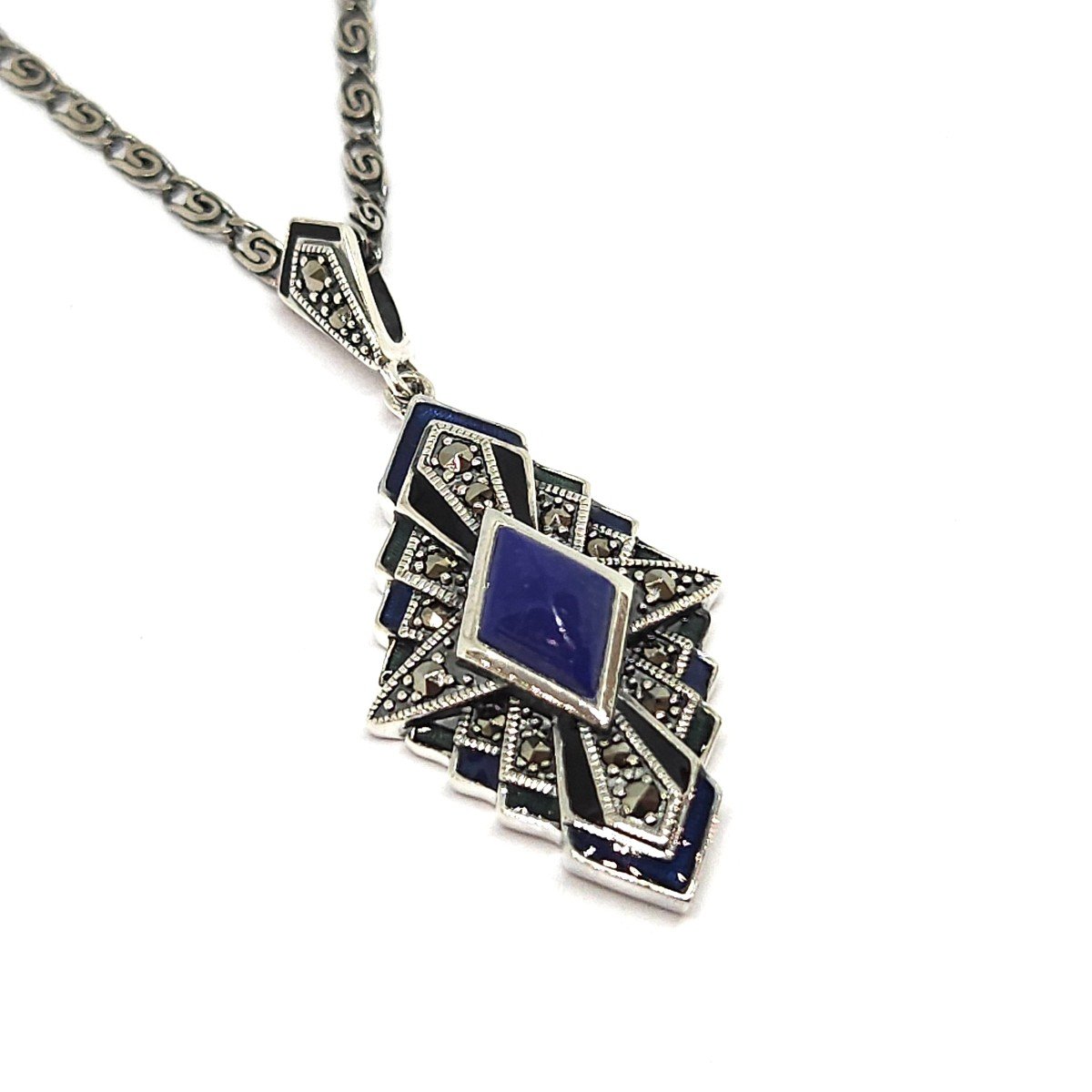 Lapis Lazuli Enamel Necklace 925/1000 Silver-photo-2