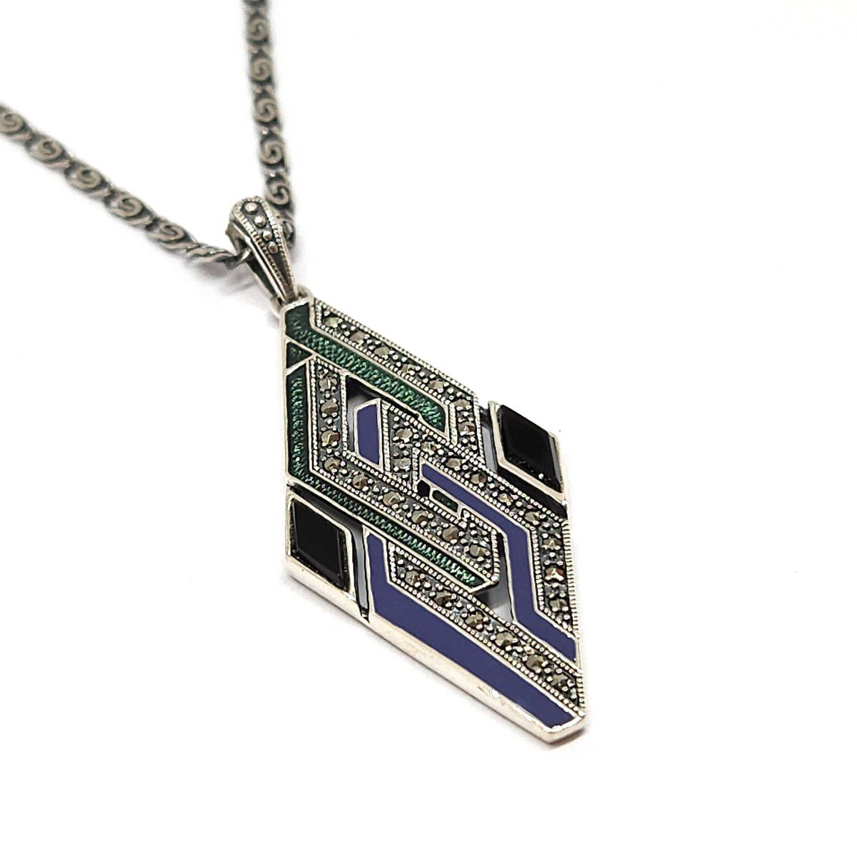 Proantic: Art Deco Style Enamel Necklace 925/1000 Silver