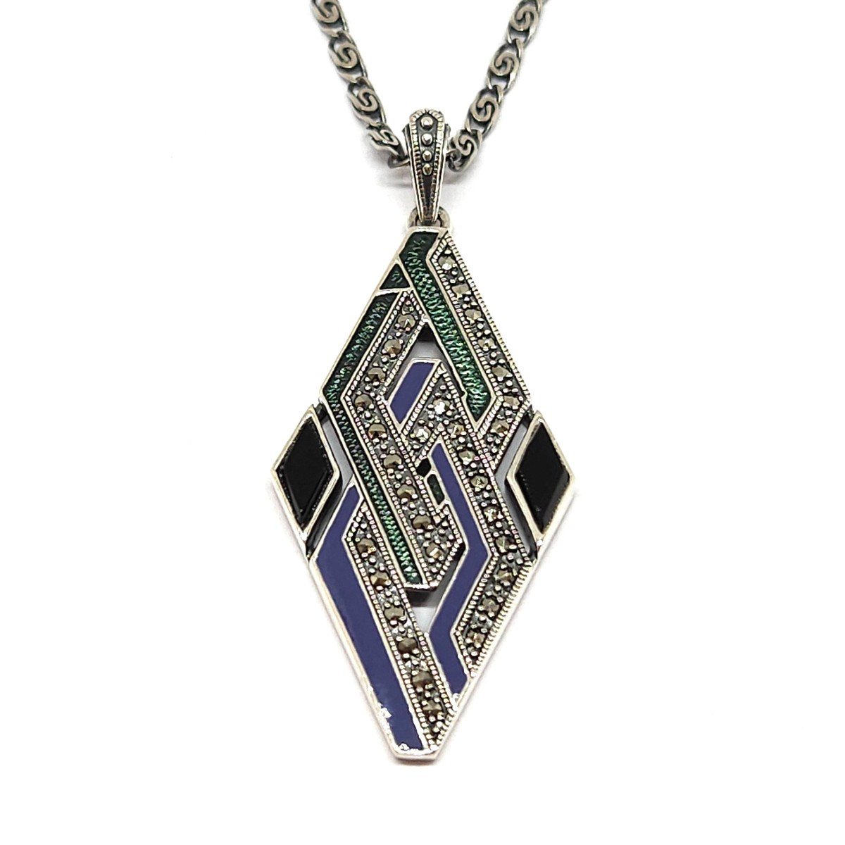 Proantic: Art Deco Style Enamel Necklace 925/1000 Silver