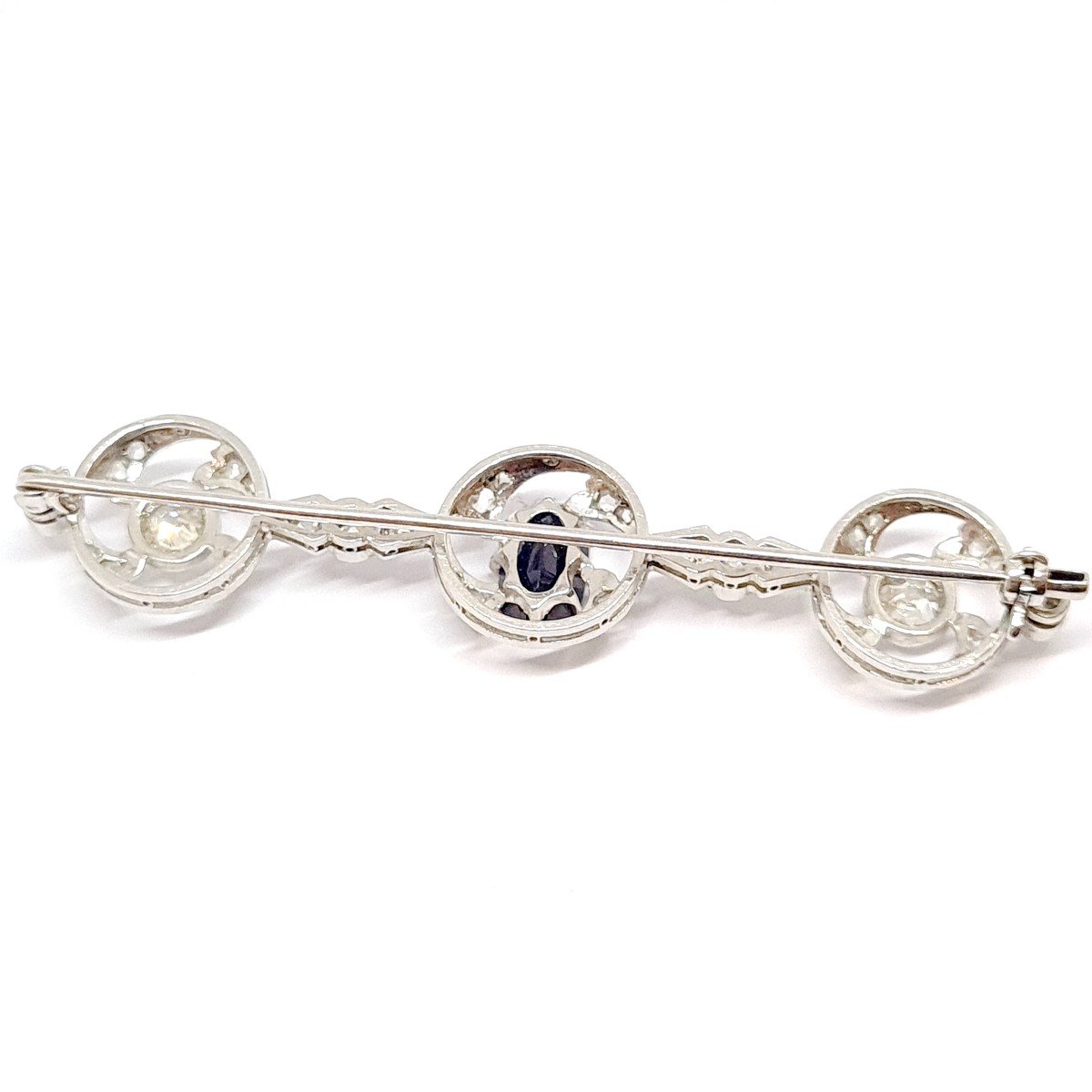 Art Deco Brooch (1920-1935) 18k White Gold Platinum Sapphire Diamonds-photo-3