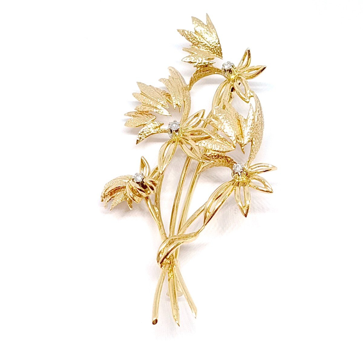 Broche Ancienne “bouquet De Fleurs” Or Jaune 18 Carats Diamants