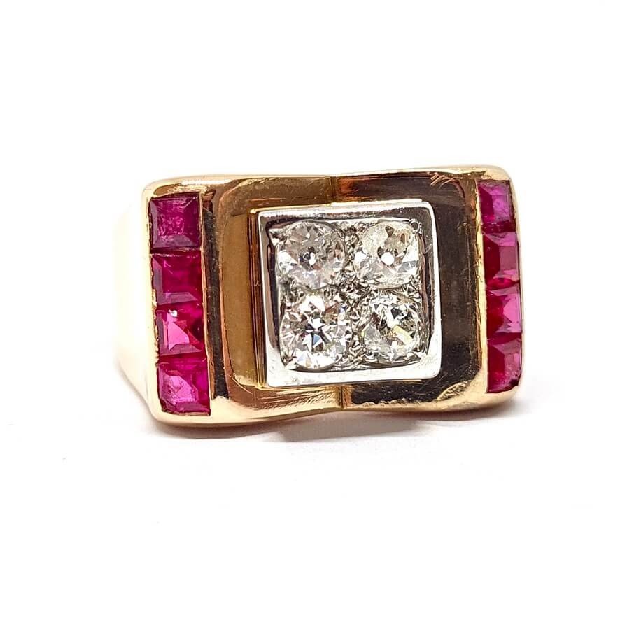 Bague Vintage TANCK En Or Jaune 18 Carats Avec Opale Blanche Et Rubis - Taille 57/58