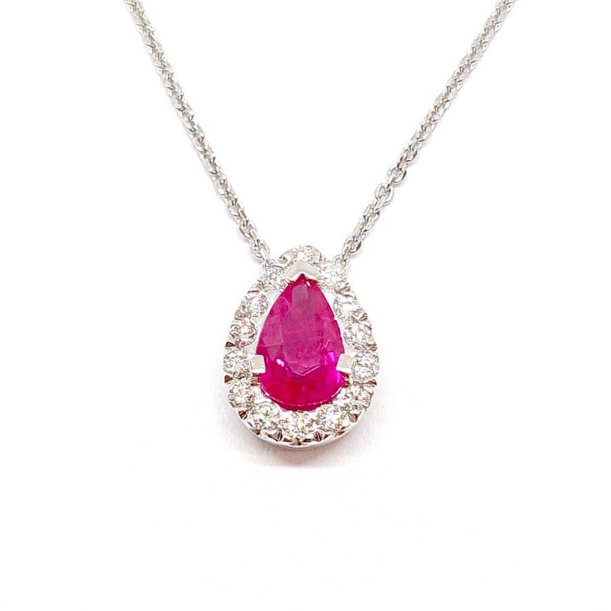 Pear Ruby Diamonds 18 Carats White Gold Necklace