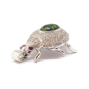 18k White Gold Ruby Diamond Opal Beetle Pendant