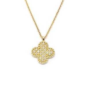 18k Yellow Gold Diamond Pave Clover Necklace
