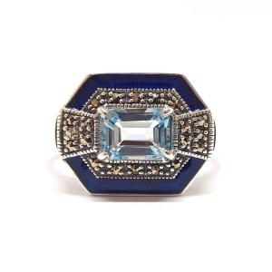 Bague Topaze émail Bleu Argent 925/1000