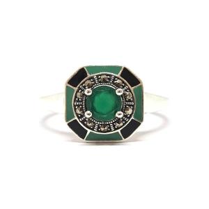 Vintage Green Agate Enamel Ring 925/1000 Silver