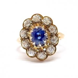 Bague Pompadour Vintage Or Jaune 18 Carats Saphir Diamants