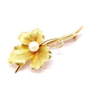 Broche Art Nouveau Feuille Or Jaune 18 Carat Perle