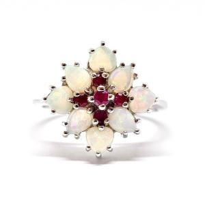 Bague Fleur Opales Rubis Or Blanc 18 Carats