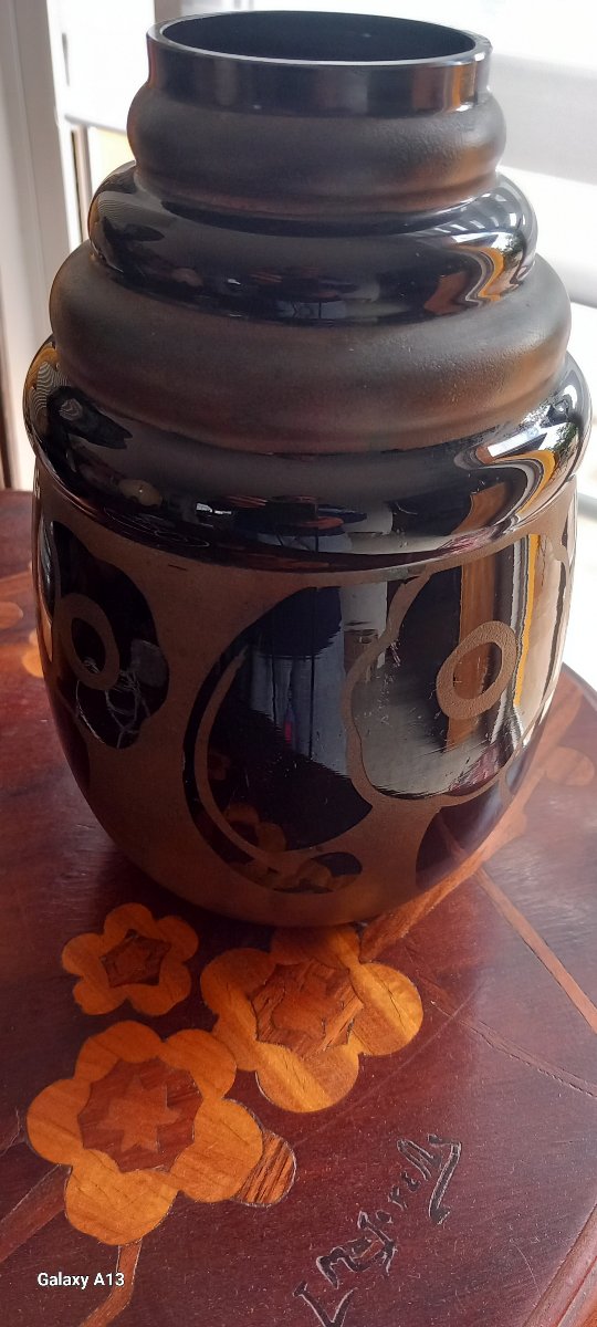 Art Deco Vase By Paul Heller, Made Of Black Hyalite Glass, From Verrerie De Rupel, Boom, Belgium-photo-3