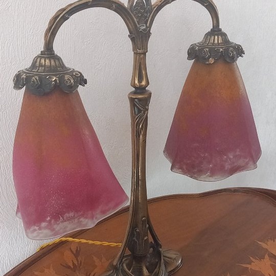 Majorelle And Daum Nancy: Signed Bronze Lamp Base With Pine Cone Design-photo-5