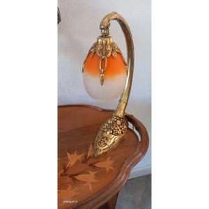 French Glass By Charder Schneider C.ranc, Bronze Lamp