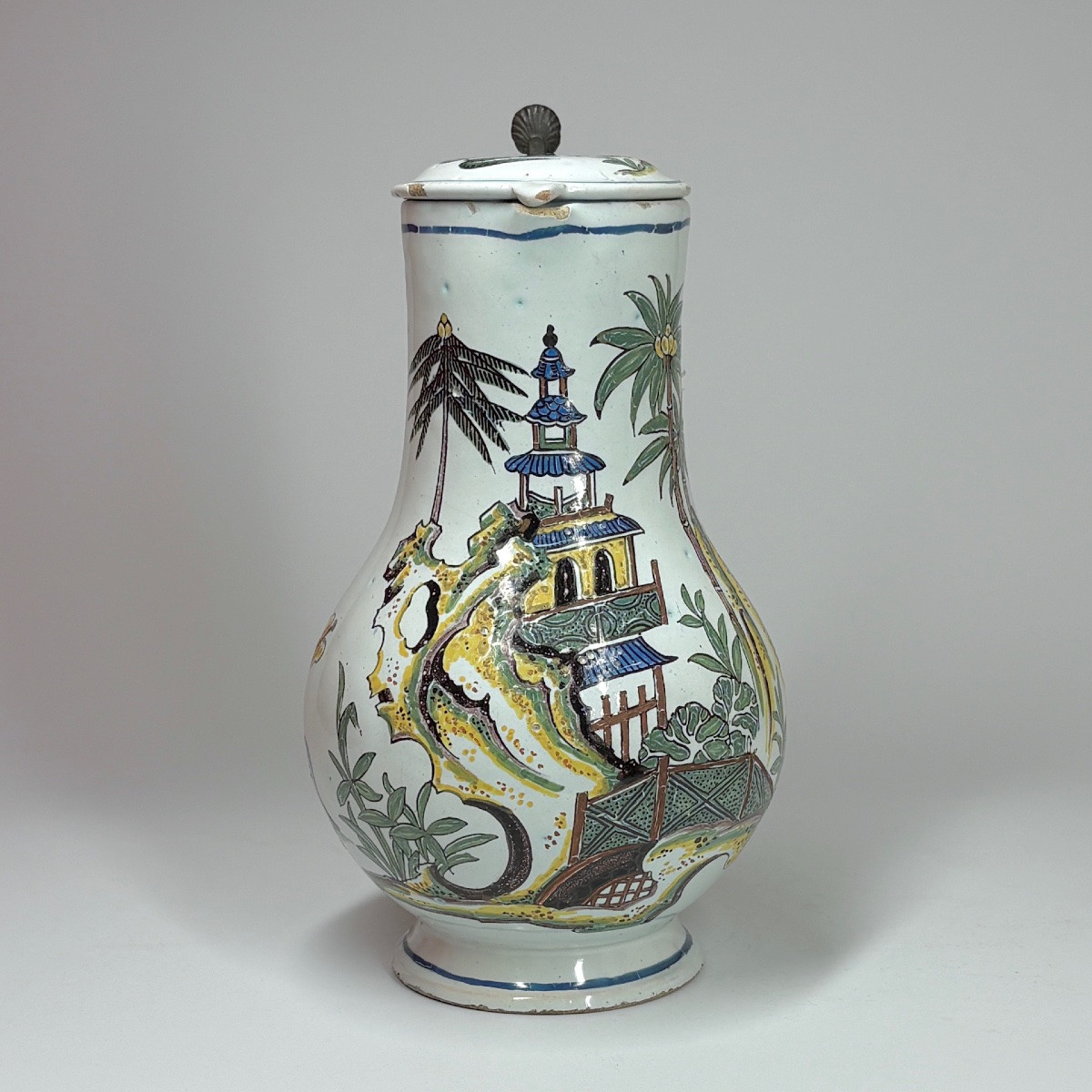 Rare Desvres Earthenware Pitcher With Chinese Figures And A Pagoda - Eighteenth Century-photo-2