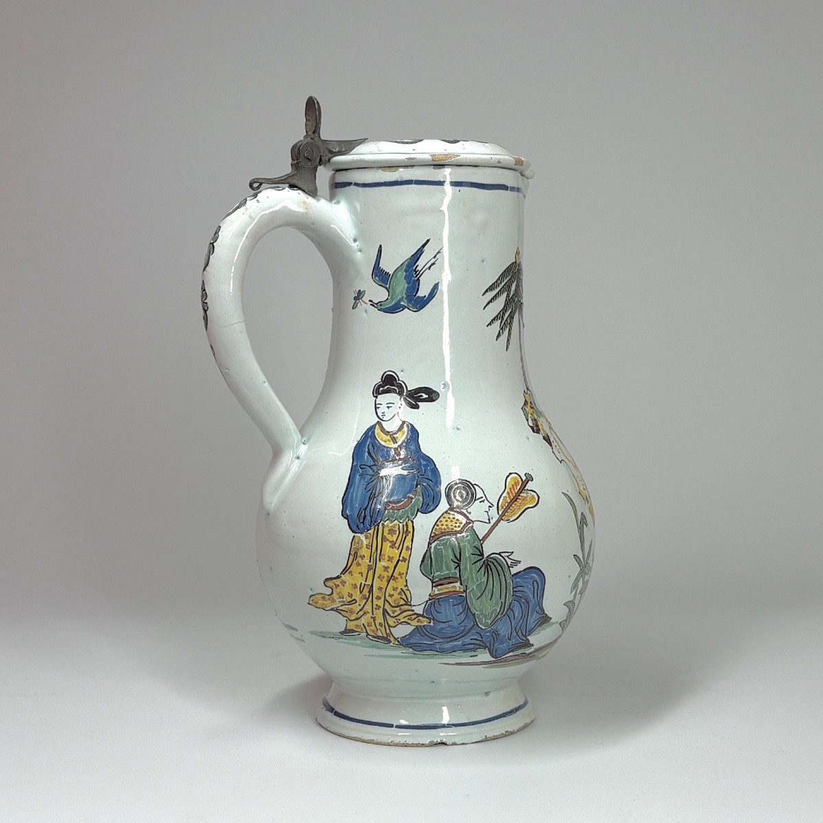Rare Desvres Earthenware Pitcher With Chinese Figures And A Pagoda - Eighteenth Century