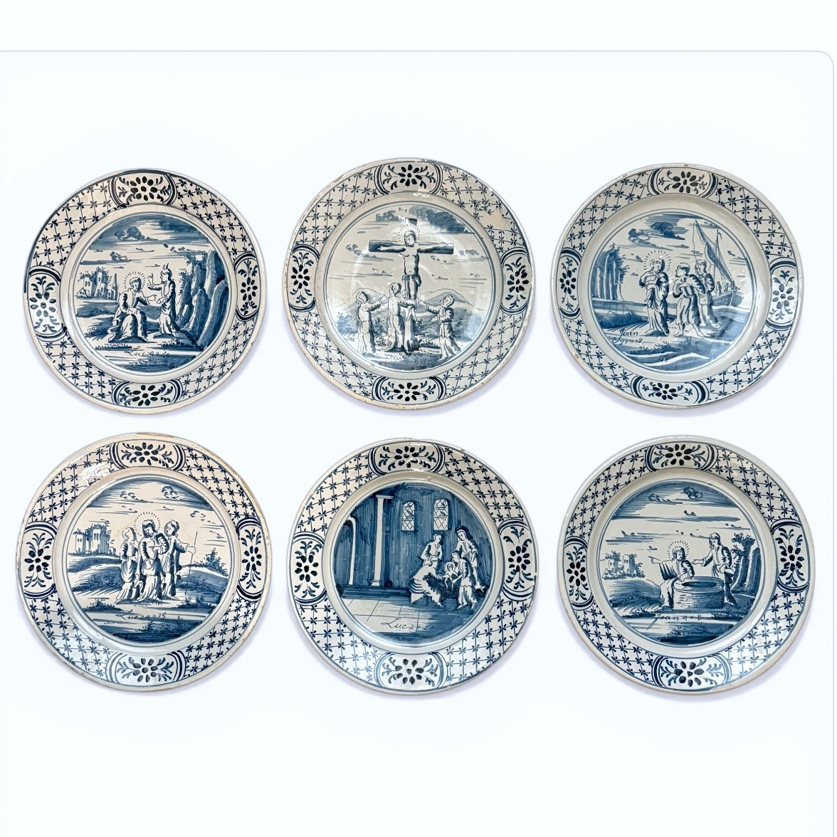 Pays-Bas - Probablement Harlingen - Six assiettes à décor de scènes bibliques - XVIIIe siècle