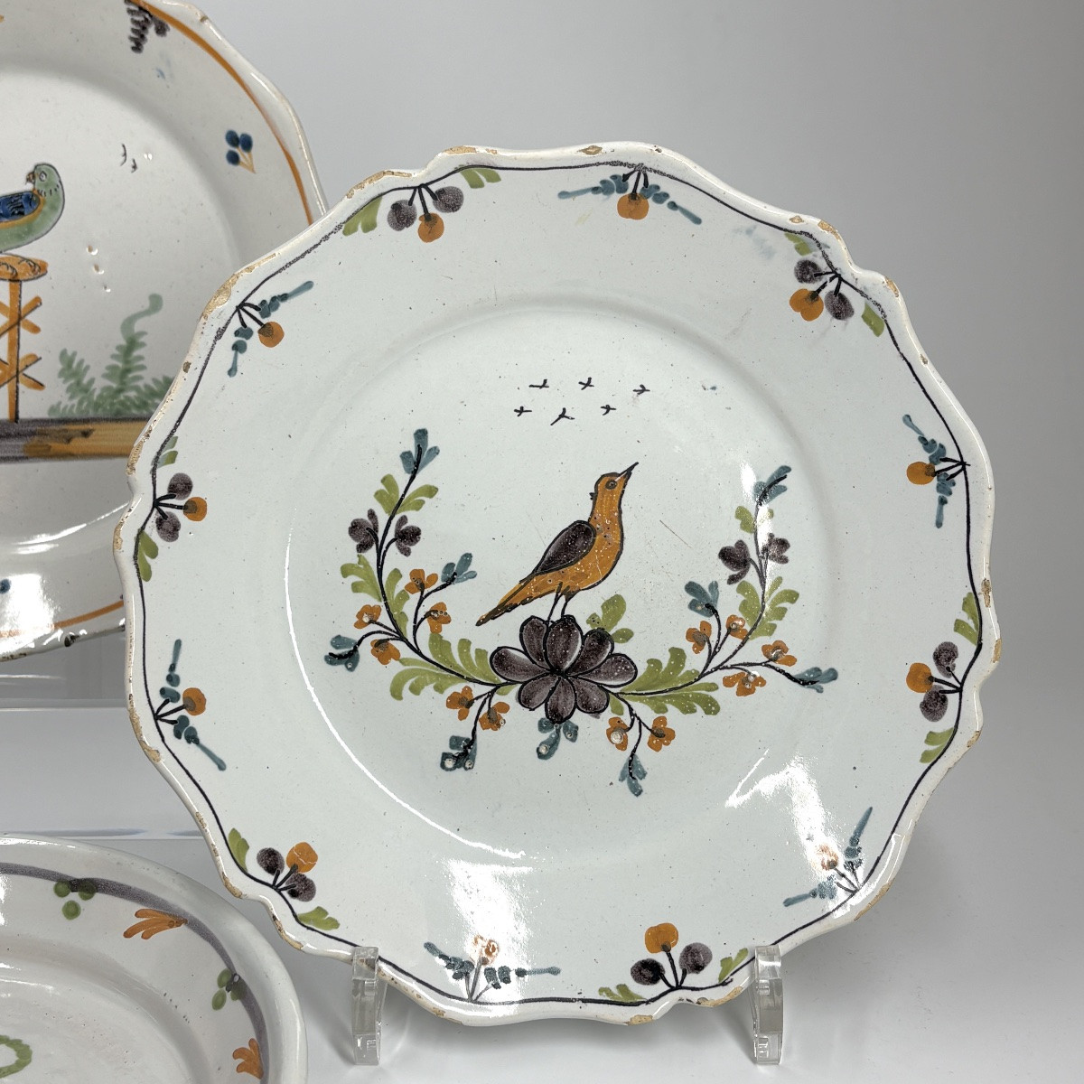Four Nevers Earthenware Plates With Doiseaux Decoration - 18th Century-photo-4
