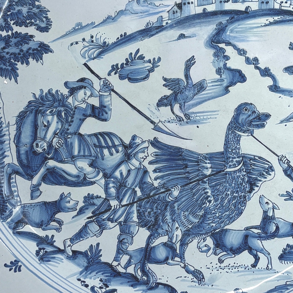 Large Nevers Earthenware Dish Decorated With A Scene Of An Ostrich Hunt - Late 17th Century-photo-2
