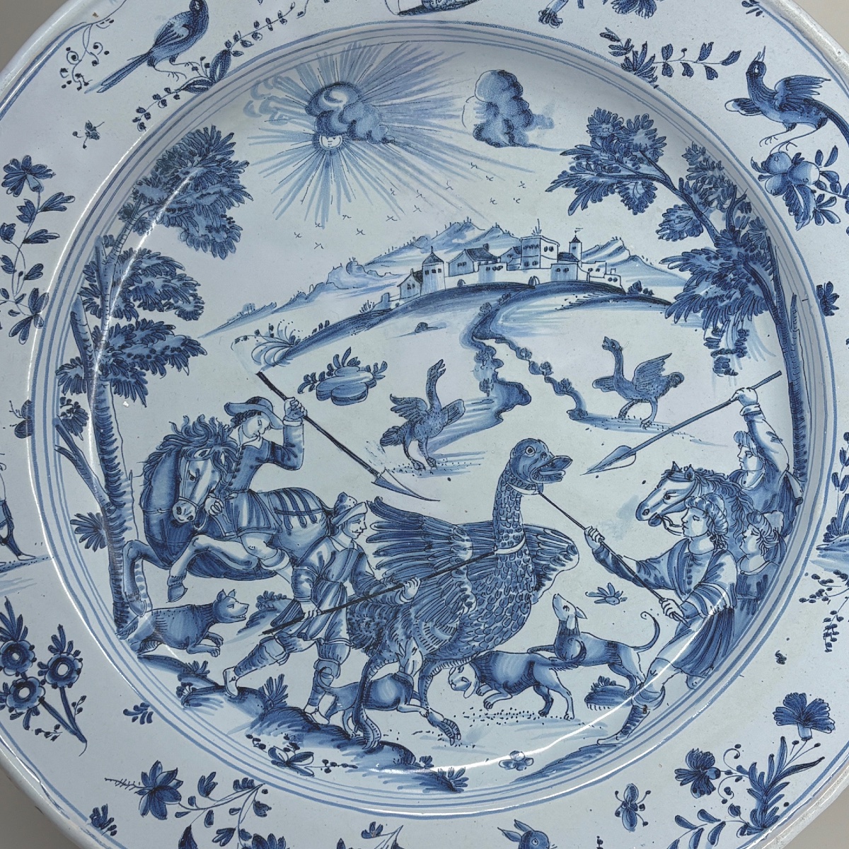 Large Nevers Earthenware Dish Decorated With A Scene Of An Ostrich Hunt - Late 17th Century-photo-3