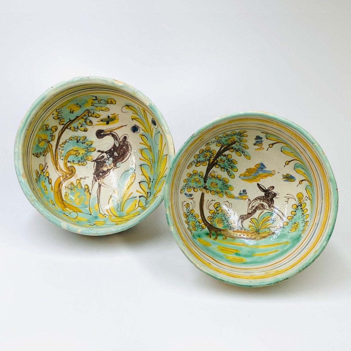 Talavera - Deux coupes à décor d'un échassier et d'un lièvre - XVIIIe siècle-photo-3