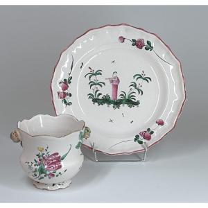 Rafraîchissoir à verre et assiette de Moustiers Ferrat - XVIIIe siècle