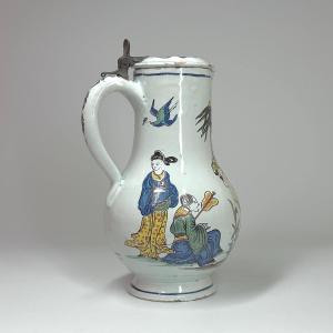 Rare Desvres Earthenware Pitcher With Chinese Figures And A Pagoda - Eighteenth Century