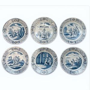 Pays-Bas - Probablement Harlingen - Six assiettes à décor de scènes bibliques - XVIIIe siècle