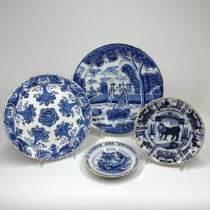 A Dish And Three Plates From Delft -18th Century