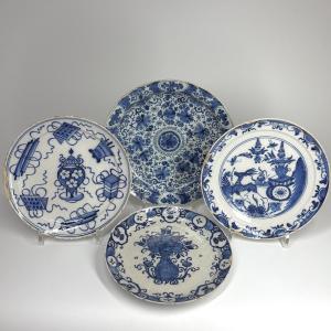 A Dish And Three Plates From Delft -18th Century