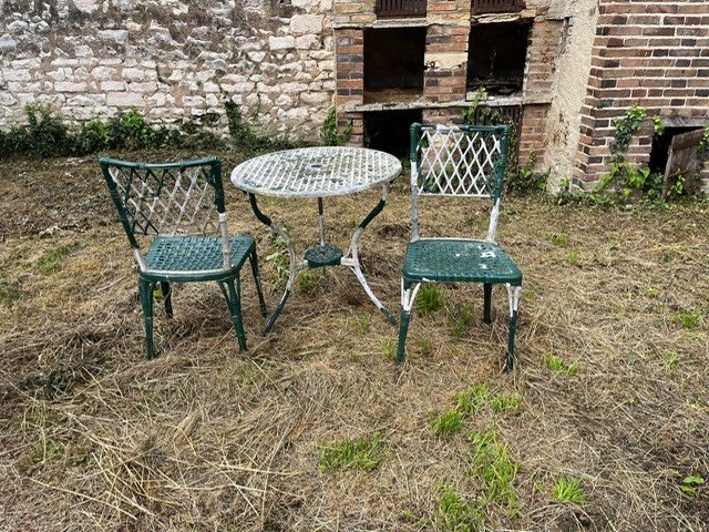 Faux Bamboo Garden / Terrace Set, Cast Aluminum Painted White And Vintage Green-photo-3