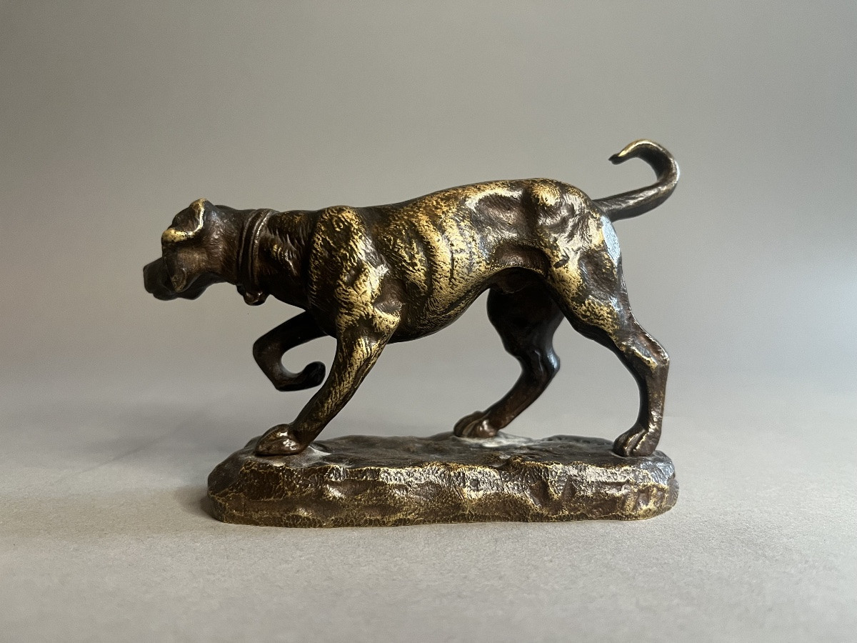 Chien à l'arrêt Petit sujet en bronze patiné,-photo-2