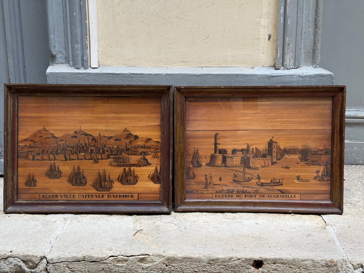 Paire de panneaux en marqueterie de paille 