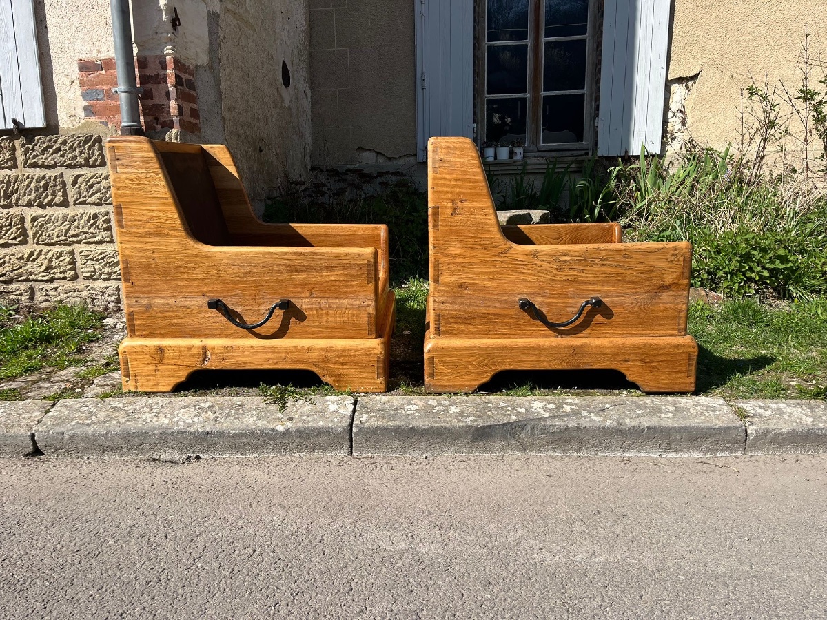 Pair Of Lounge Armchairs In Solid Oak-photo-2