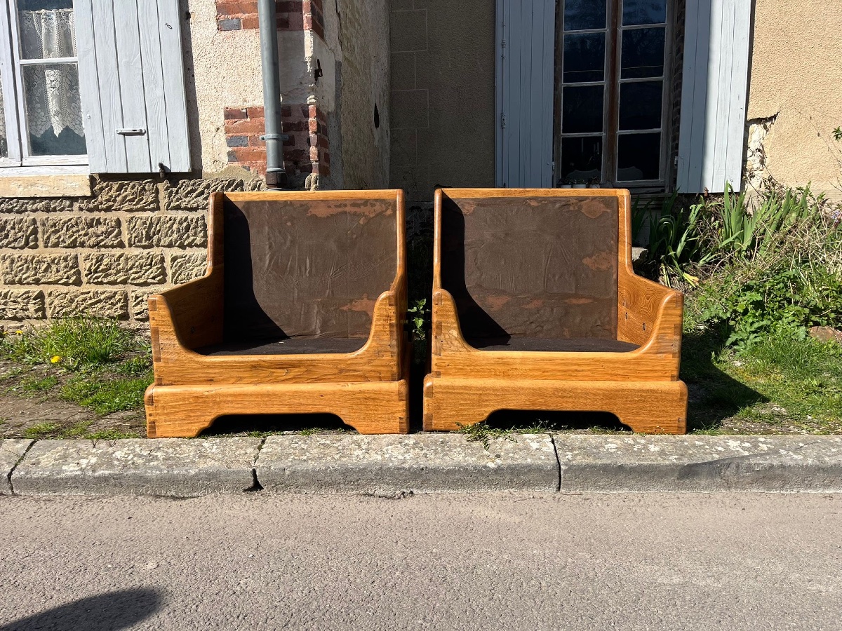 Pair Of Lounge Armchairs In Solid Oak-photo-3
