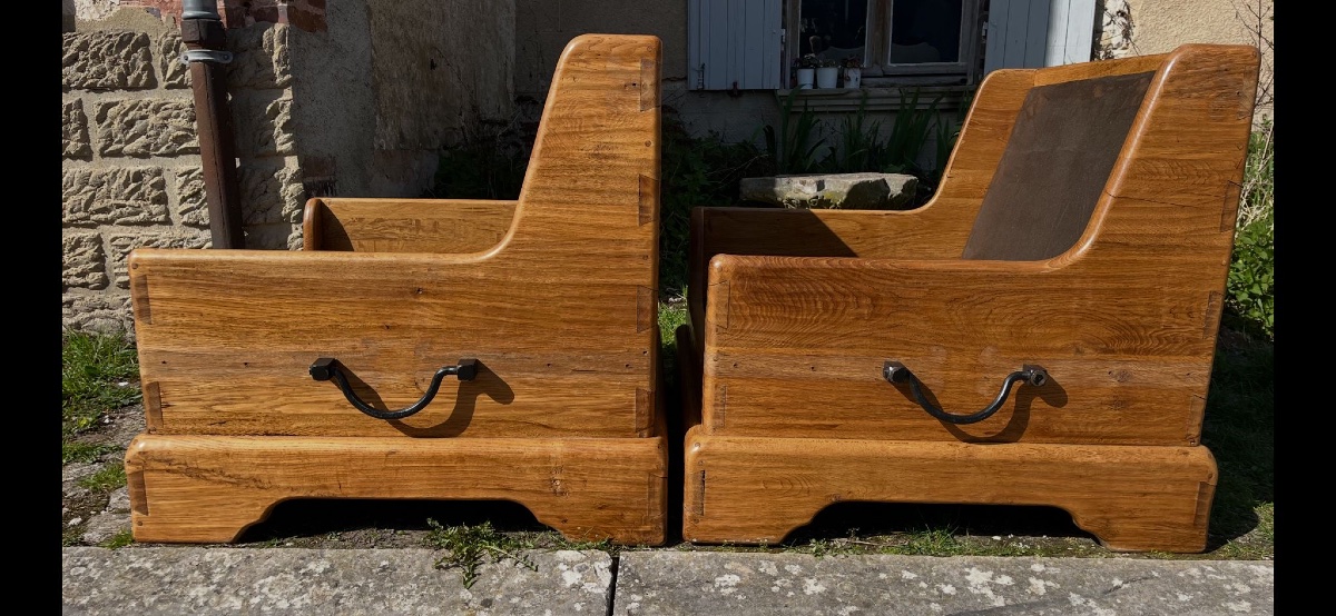 Pair Of Lounge Armchairs In Solid Oak-photo-2