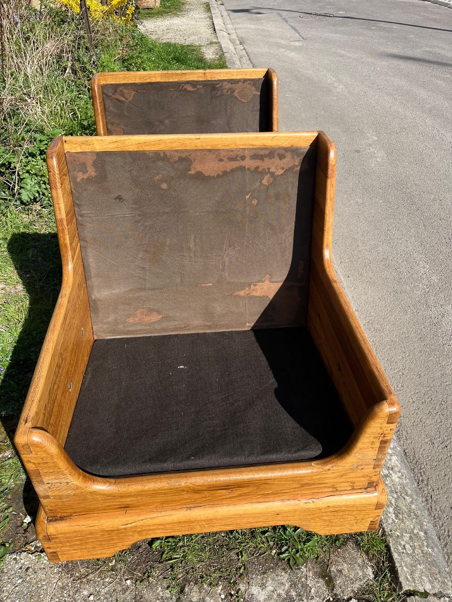 Pair Of Lounge Armchairs In Solid Oak-photo-5